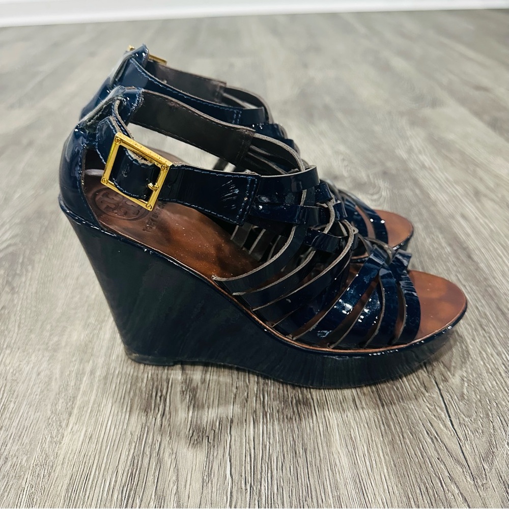 Tory Burch Blue and Brown Wedge Sandals with Stylish Straps
